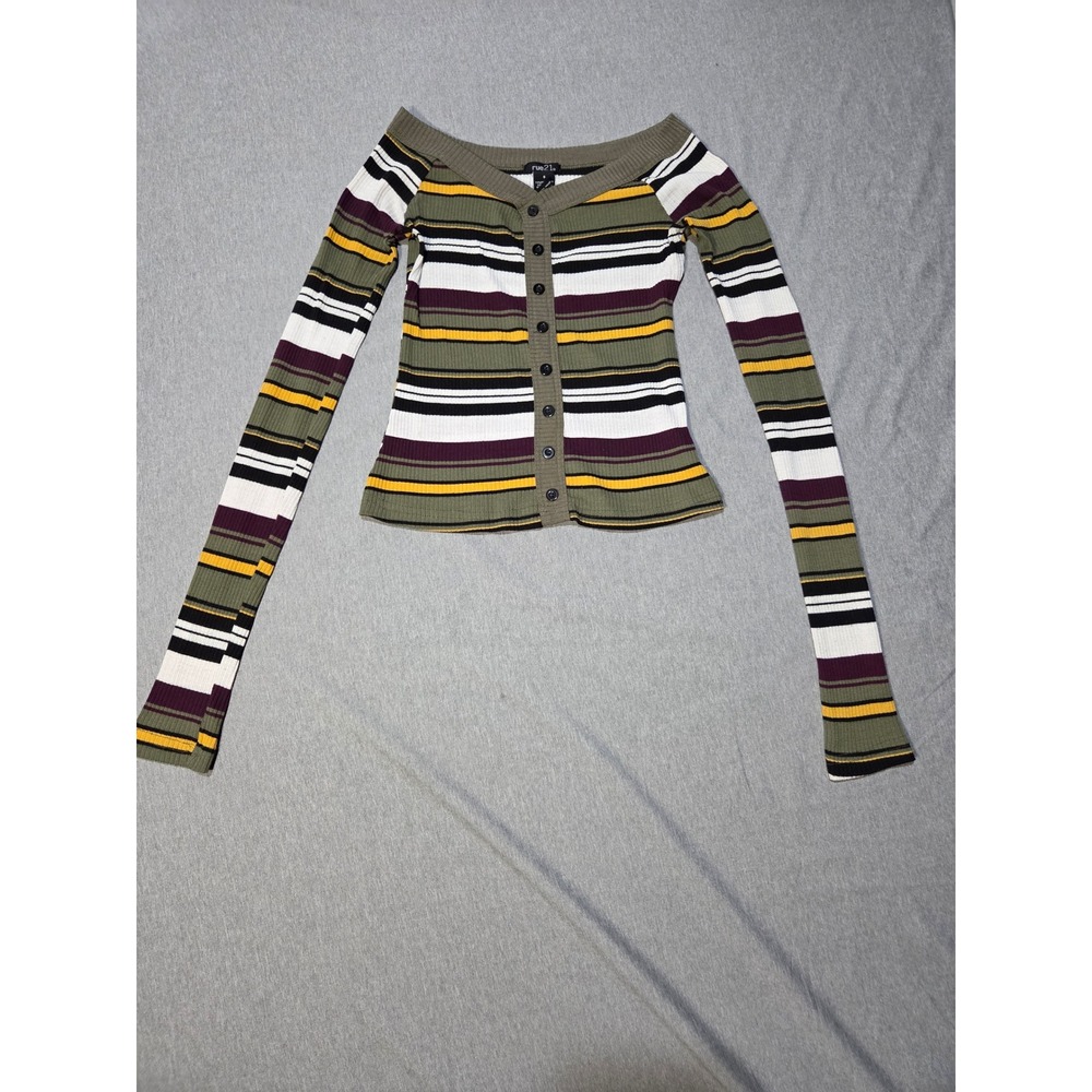 rue21 Striped Ribbed Crop Top Small Long Sleeve Off the Shoulder Button Front